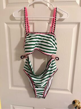 Green and White Striped Bikini with Pink Trim